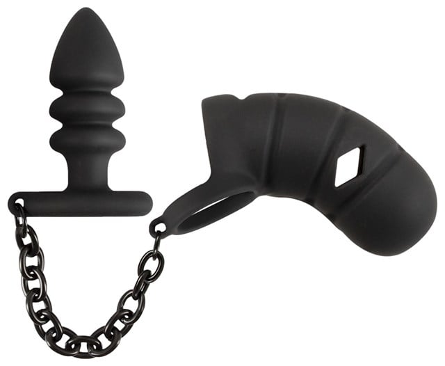 Cock cage with butt plug