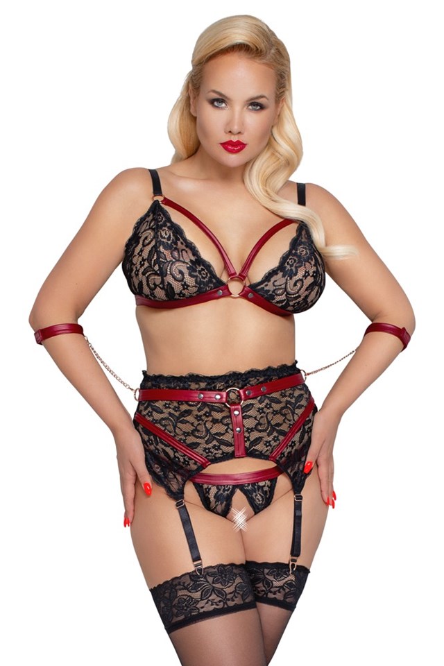 Lace Crotchless Bondage Set with Chains - Musta & Punainen