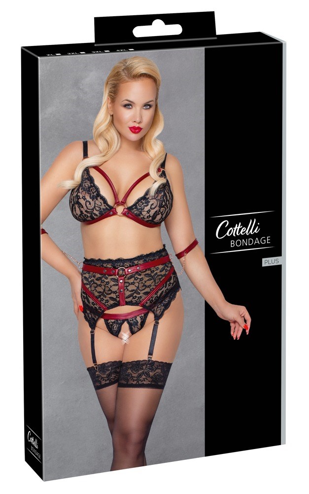 Lace Crotchless Bondage Set with Chains - Musta & Punainen