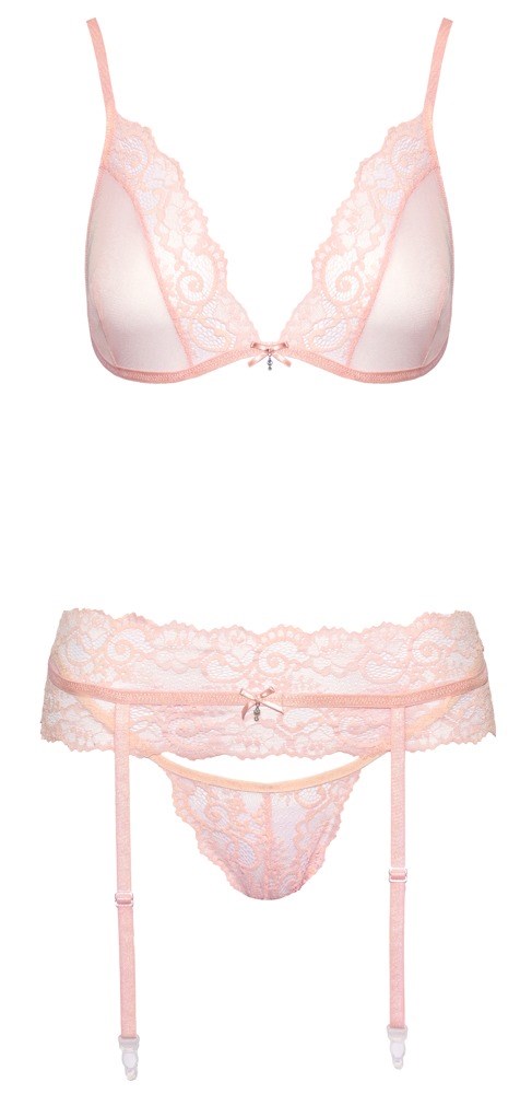 Set with bra, thong & suspenders - pink