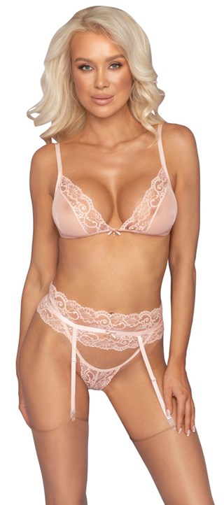 Set With Bra, Thong & Suspenders - Pink