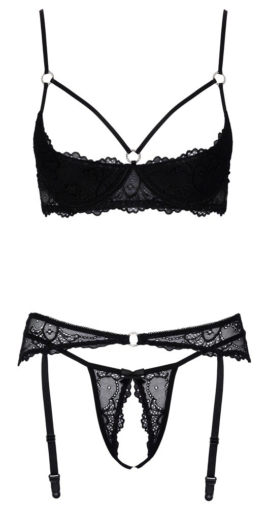 Set with shelf bra, suspender belt and crotchless thong