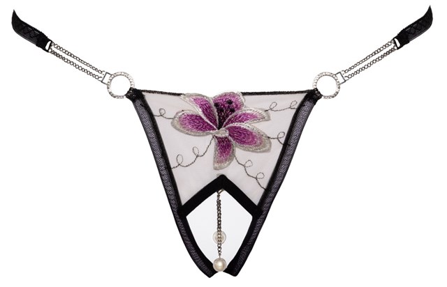 Thong with open crotch, flower, pearls and rhinestones