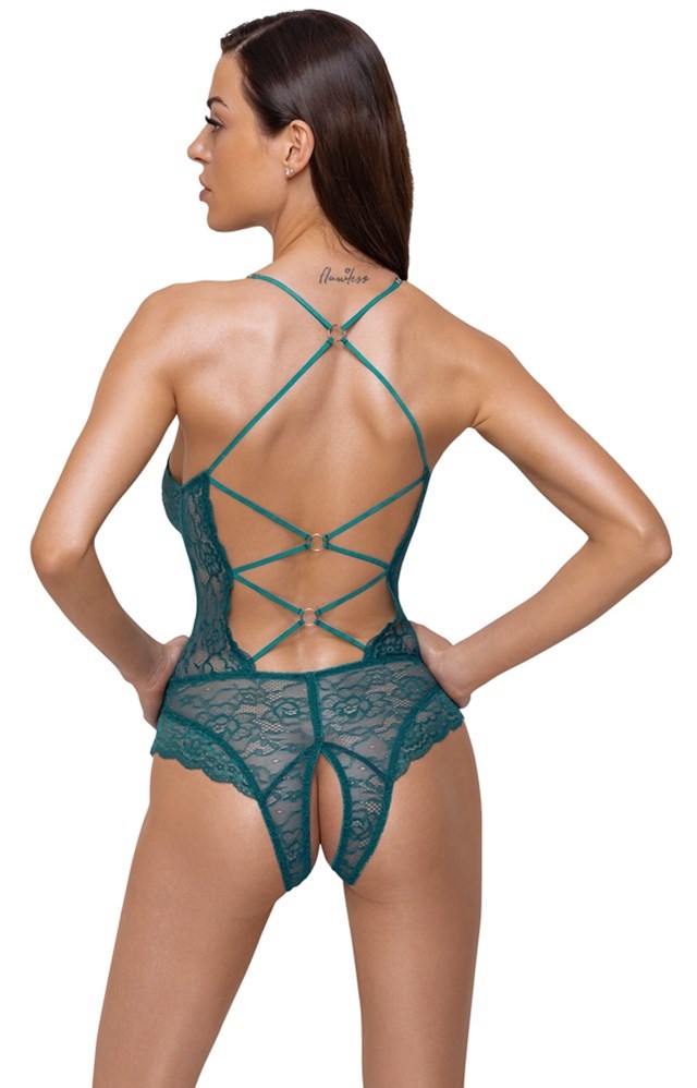 Lace body with open crotch - petrol green
