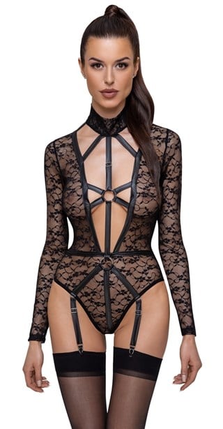 Black Long-sleeved Lace Body With Suspenders