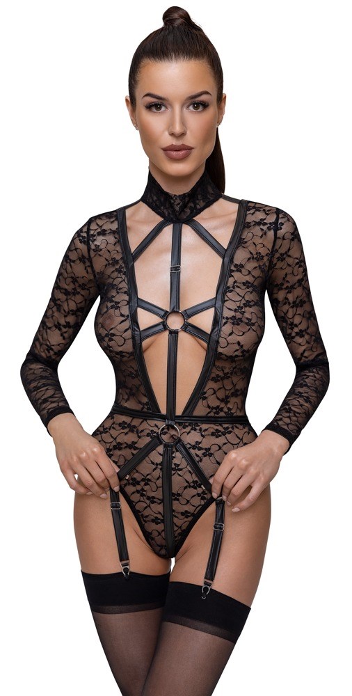 BLACK LONG-SLEEVED LACE BODY WITH SUSPENDERS