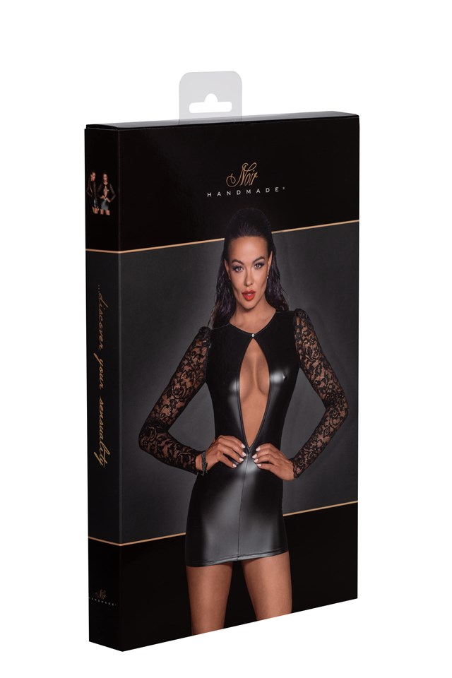 F253 Short Powerwetlook dress with lace sleeves