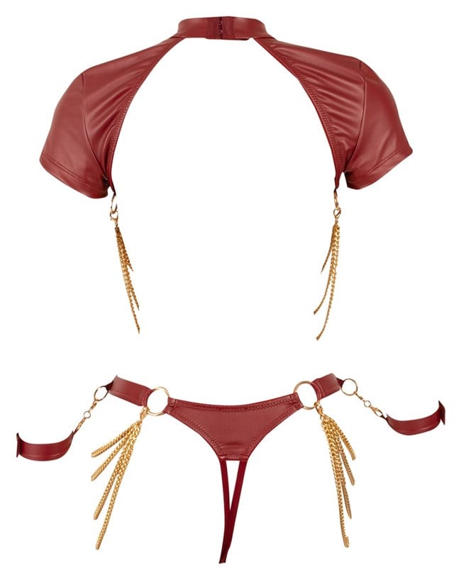 Open cup Top & Crotchless Thong Set Red
