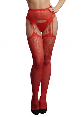 Suspender Rhinestone Pantyhose - Red -