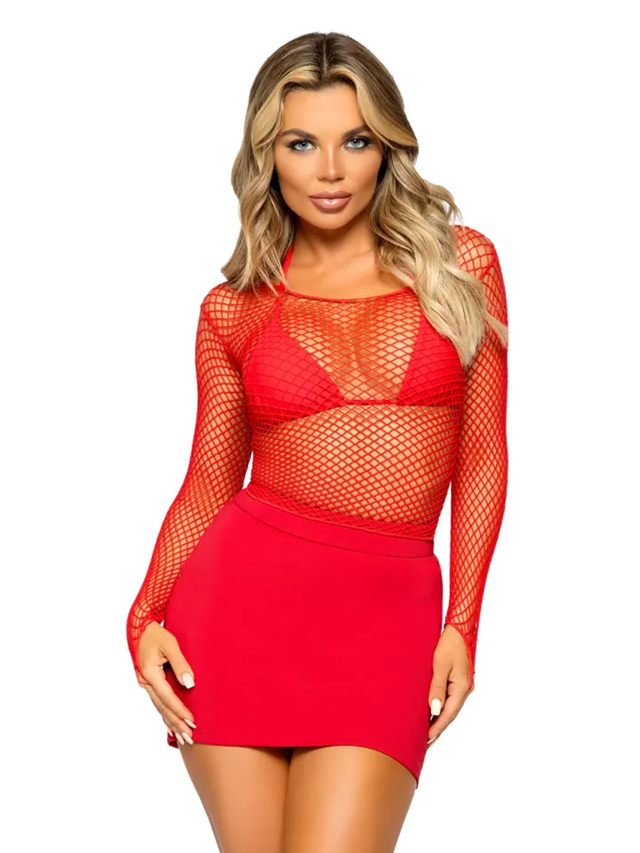 Elastane Long Sleeved Fishnet Shirt Red