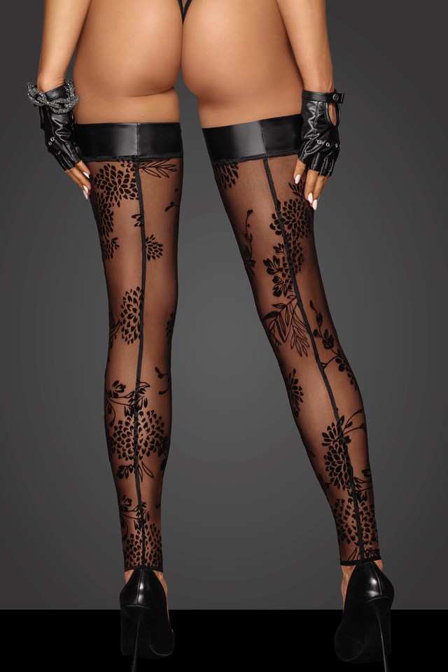 F243 Tulle stockings with patterned flock embroidery