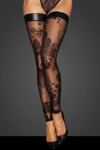 F243 Tulle Stockings With Patterned Flock Embroidery