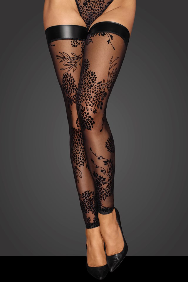 F243 Tulle stockings with patterned flock embroidery