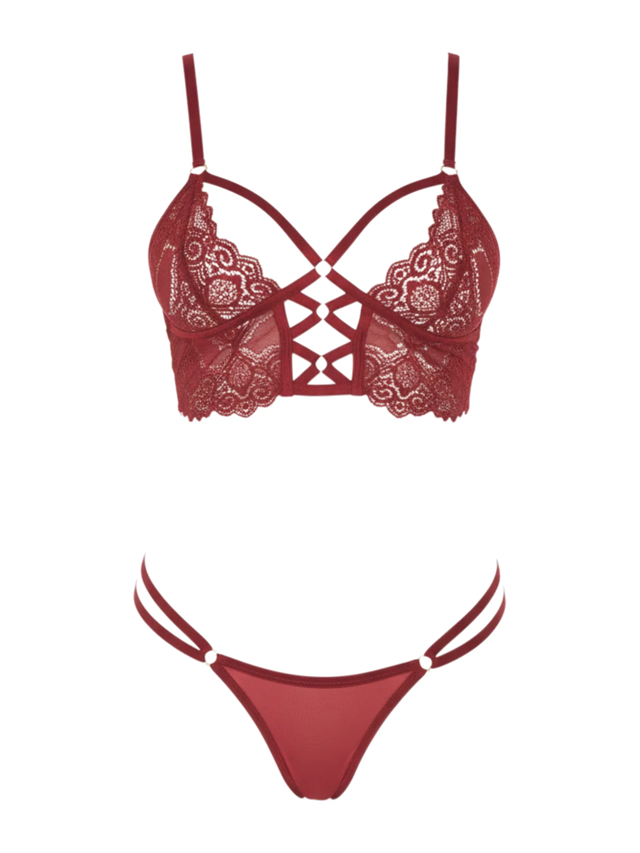 Lace Bralette With Sheer Thong Burgundy