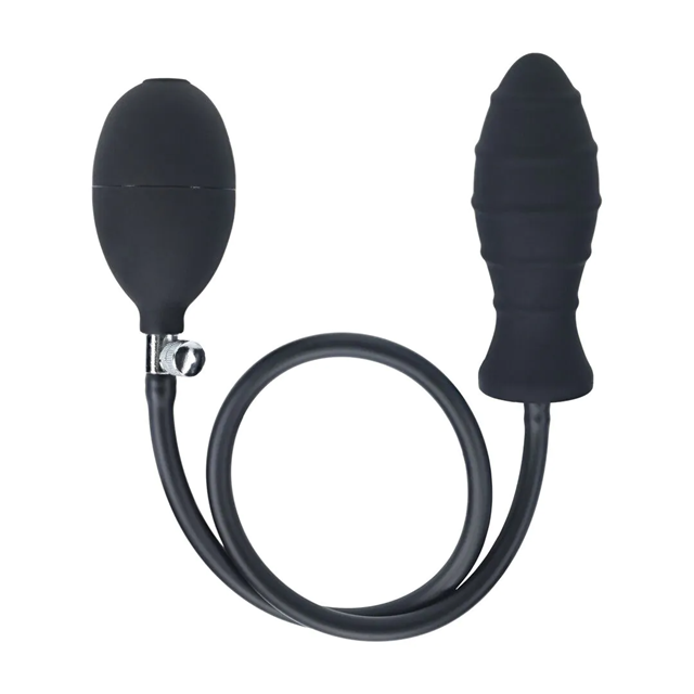 Ribbed Inflatable Silicone Anal Plug - Black
