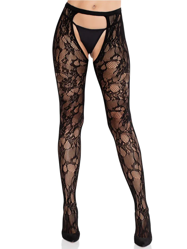 Rose Lace Crotchless Tights With Open Back Black