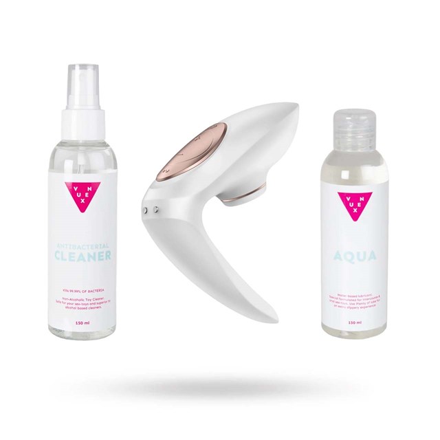 SETTI: SATISFYER PRO 4 COUPLES VIBRAATTORI, LIUKUVOIDE & LELUJEN PUHDISTUSAINE 2X150 ML
