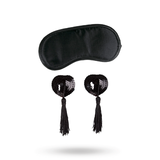 Black Satin Blindfold & Heart Nipple Pasties Kit