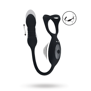 Vibrating & Thrusting Silicone Tri O Cockring With Prostate Stimulator - Black