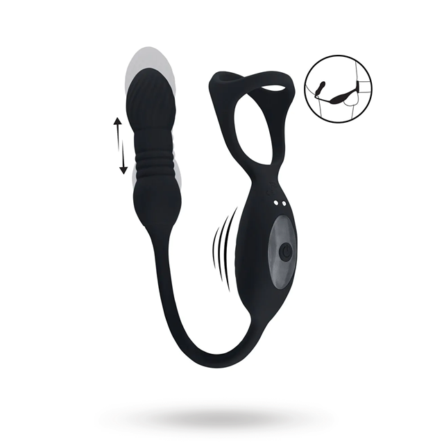 Vibrating & Thrusting Silicone Tri O Cockring with Prostate Stimulator - Black