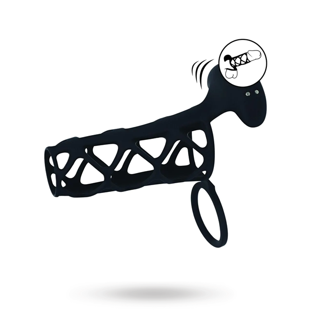 Vibrating Cage Silicone Cock Sleeve and Ball Ring - Black