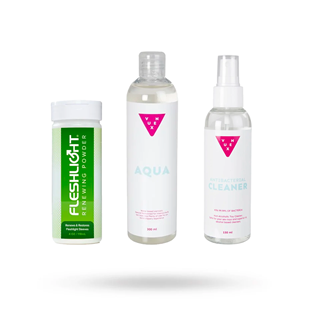 Setti: Fleshlight Renewing Powder 118 Ml, Vesipohjainen Liukuvoide 300 Ml & Puhdistussuihke 150 Ml